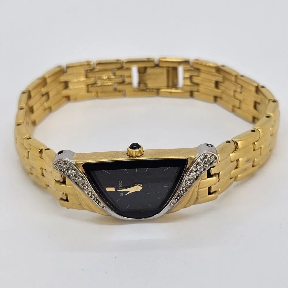 VTG Seiko Half Moon 14MM Women's Watch Black Dial Gold Tone Diamonds 6